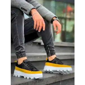 KB-056 Kuback Siyah Sarı Detaylı Beyaz Yüksek Taban Günlük Spor Ayakkabı