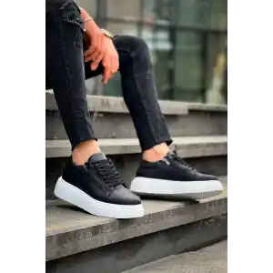 KB-X155 Kuback Siyah Cilt Detaylı Beyaz Yüksek Taban Günlük Spor Ayakkabı
