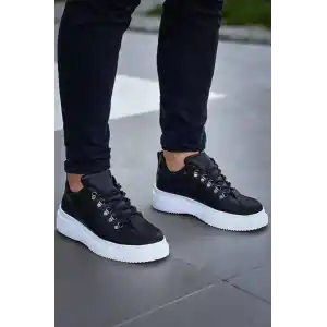 KB-X4  Kuback Siyah Cilt Yüksek Taban Bağcıklı Günlük Erkek Ayakkabı