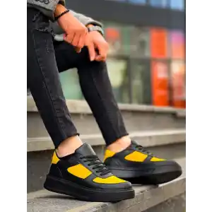 KB-X8 Kuback Siyah Sarı Cilt Yüksek Taban Günlük Spor Ayakkabı