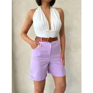 Kemerli gabardin şort lila s25735