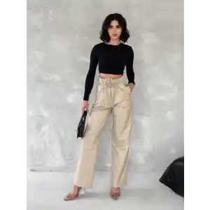 Kendinden ince kemerli deri pantolon bej t1178