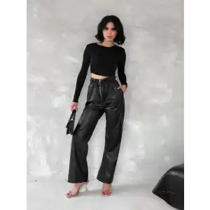 Kendinden ince kemerli deri pantolon siyah t1178
