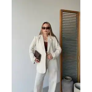 Keten Ceket Pantolon İlik Düğmeli Uzun Kollu Yırtmaçlı ikili Takım - Beyaz