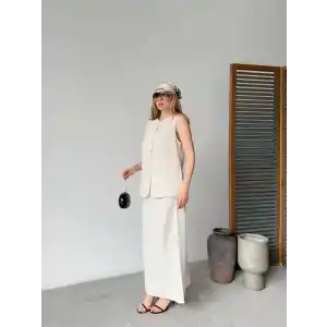 Keten Kolsuz Sıfır Yaka İlik Düğmeli Kolsuz Hırka Etek ikili Takım- Beyaz