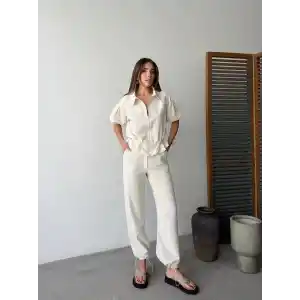 Keten Tam Fermuarlı Kısa kollu Gömlek Pantolon ikili Takım - Beyaz