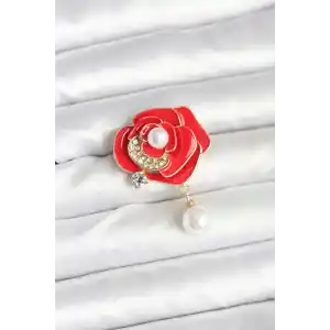 Kırmızı Gül İncili Model Broş