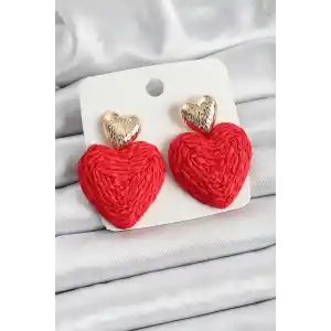 Kırmızı Kalp Figürlü Hasır Örgü Model Gold Renk Kadın Küpe