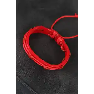 Kırmızı Renk Ayarlamalı İpli Deri Erkek Bileklik