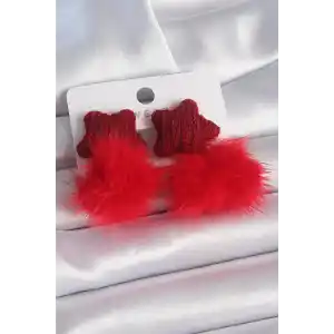 Kırmızı Renk Tüylü Yıldız Ponpon Model Kadın Küpe