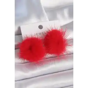 Kırmızı Tüylü Ponpon Model Kadın Küpe