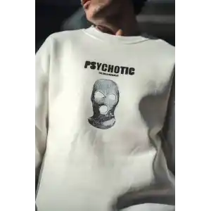 Kışlık Bisiklet Yaka Baskılı SweatShirt - Beyaz