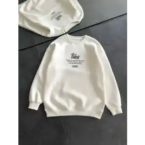 Kışlık Bisiklet Yaka Ön Ve Arka Baskılı SweatShirt - Beyaz