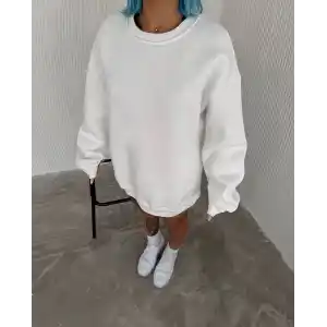 Kışlık Bisiklet Yaka Üç İplik Basic SweatShirt - Beyaz