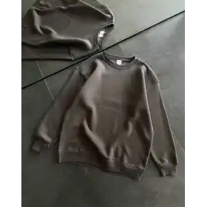Kışlık Bisiklet Yaka Üç İplik Basic SweatShirt - Füme