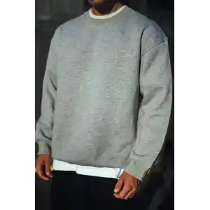 Kışlık Bisiklet Yaka Üç İplik Basic SweatShirt - Gri