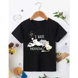 Kız Çocuk Bisiklet Yaka Baskılı T-Shirt - Siyah