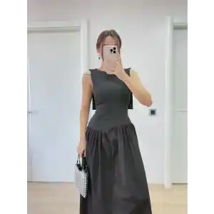 Krep Arkası Kanat Arka Ön Pens Detaylı Uzun Kadın Elbise - Siyah