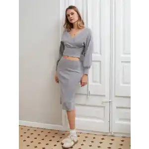 Kruvaze şardonlu etekli takım gri