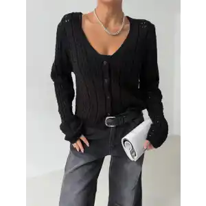 Küçük düğmeli küçük örgülü triko hırka siyah