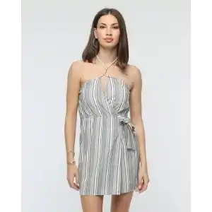 Kuşaklı çizgili mini keten elbise