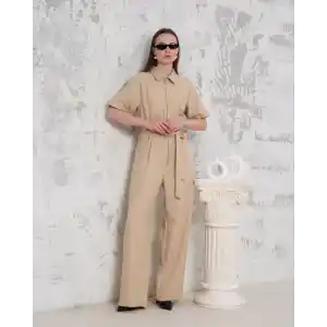 Kuşaklı gömlek yaka salaş tulum bej s255822