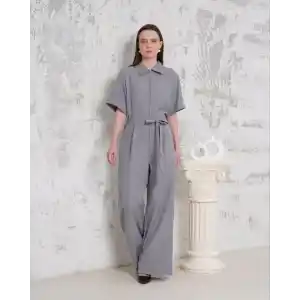 Kuşaklı gömlek yaka salaş tulum gri s255822