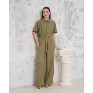 Kuşaklı gömlek yaka salaş tulum haki s255822