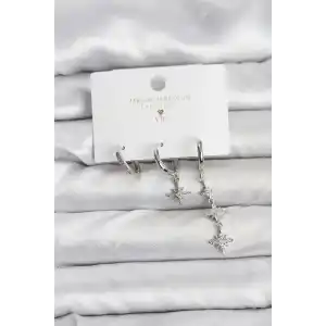 Kutup Yıldızı Model Gümüş Renk Pirinç 3lü Kadın Küpe Seti