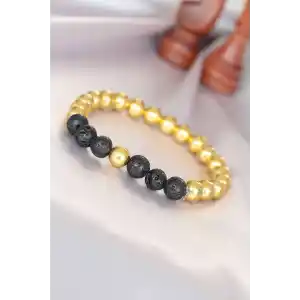 Lav Doğal Taş Detaylı Hematit Gold Renk Erkek Bileklik