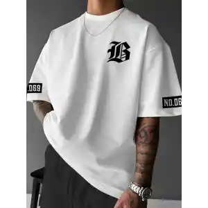 LB Baskılı Ön Arka Oversize Bisiklet Yaka Kısa Kol T-shirt - Beyaz