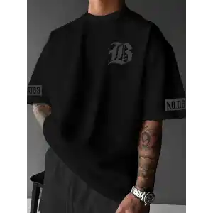 LB Ön Arka Baskılı Oversize Bisiklet Yaka Yazlık T-shirt - Siyah