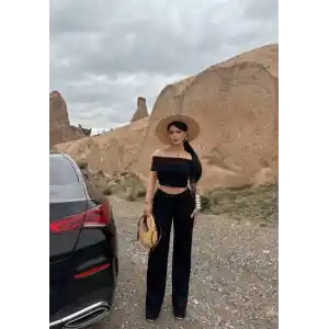 Madonna yaka bol paça pantolonlu takım