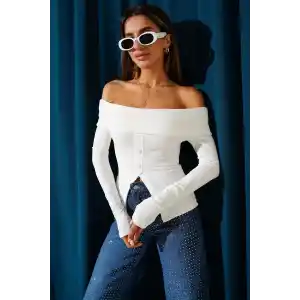 Madonna Yaka Düğmeli Bluz Beyaz t4329