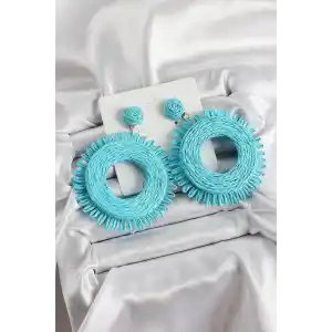 Mavi Püsküllü Halka Figürlü Hasır Örgü Model Gold Renk Kadın Küpe