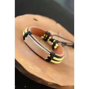 Metal Aksesuarlı Sarı Siyah Renk Deri Erkek Bileklik