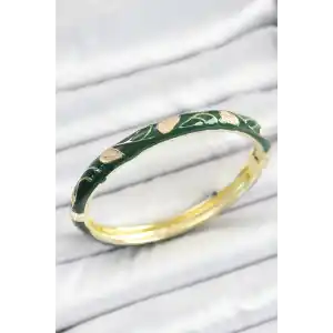 Mineli Pirinç Gold Renk Yeşil Çiçek Motifli Kadın Kelepçe