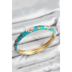 Mineli Pirinç Mavi Çiçek Motifli Gold Kadın Kelepçe