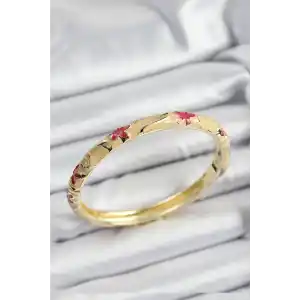 Mineli Pirinç Pembe Ve Krem Çiçek Motifli Gold Renk Kadın Kelepçe