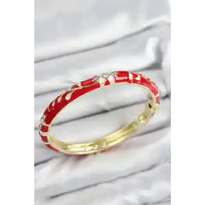 Mineli Pirinç Zirkon Taşlı Kırmızı Çiçek Motifli Gold Kadın Kelepçe