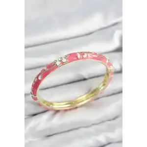 Mineli Pirinç Zirkon Taşlı Pembe Çiçek Motifli Gold Kadın Kelepçe