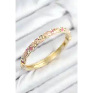 Mineli Pirinç Zirkon Taşlı Pembe Çiçek Motifli Gold Kadın Kelepçe