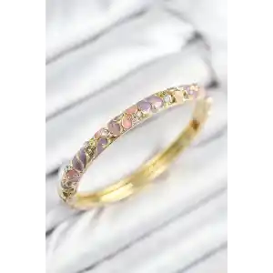 Mineli Pirinç Zirkon Taşlı Pembe Mor Çiçek Motifli Gold Kadın Kelepçe