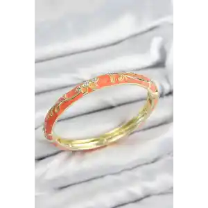 Mineli Pirinç Zirkon Taşlı Turuncu Çiçek Motifli Gold Kadın Kelepçe