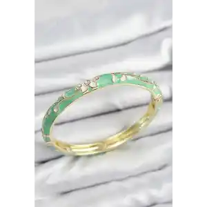 Mineli Pirinç Zirkon Taşlı Yeşil Çiçek Motifli Gold Kadın Kelepçe