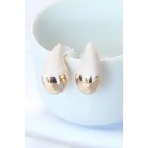 Minimal Beyaz Mineli Çift Renk Damla Küpe