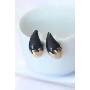 Minimal Siyah Mineli Çift Renk Damla Küpe