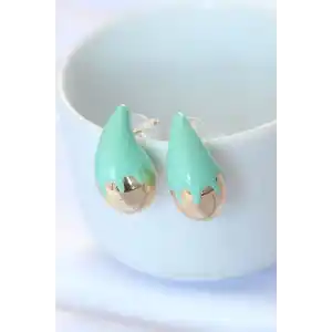 Minimal Turkuaz Mineli Çift Renk Damla Küpe