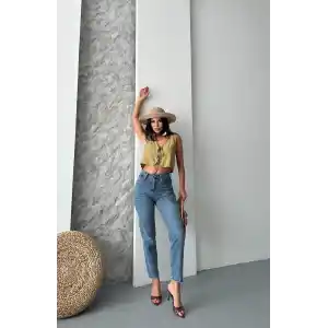 Mom fit bıyık kar yıkama jeans pantolon koyu mavi d2006