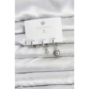 Nazar Model Gümüş Renk Pirinç 3lü Kadın Küpe Seti
